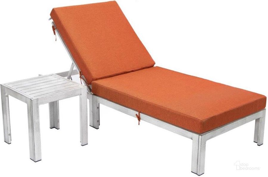 The appearance of LeisureMod Chelsea Modern Outdoor Weathered Grey Chaise Lounge Chair With Side Table and Cushions In Orange designed by LeisureMod in the modern / contemporary interior design. This orange piece of furniture  was selected by 1StopBedrooms from Chelsea Collection to add a touch of cosiness and style into your home. Sku: CLTWGR-77OR. Material: Aluminum. Product Type: Outdoor Chaise Lounge. Image1
