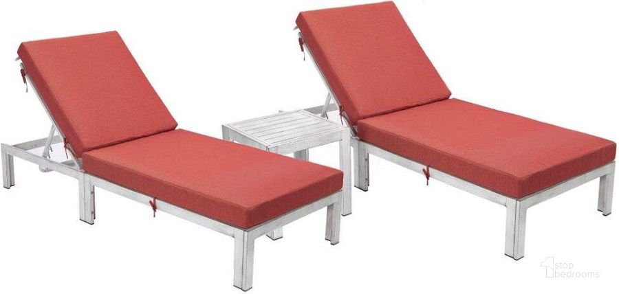 The appearance of LeisureMod Chelsea Modern Outdoor Weathered Grey Chaise Lounge Chair With Side Table and Cushions In Red Set of 2 designed by LeisureMod in the modern / contemporary interior design. This red piece of furniture  was selected by 1StopBedrooms from Chelsea Collection to add a touch of cosiness and style into your home. Sku: CLTWGR-77R2. Material: Aluminum. Product Type: Outdoor Chaise Lounge. Image1