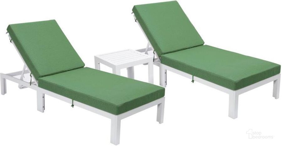 The appearance of Leisuremod Chelsea Modern Outdoor White Chaise Lounge Chair Set Of 2 With Side Table And Cushions In Green designed by LeisureMod in the modern / contemporary interior design. This green piece of furniture  was selected by 1StopBedrooms from Chelsea Collection to add a touch of cosiness and style into your home. Sku: CLTW-77G2. Material: Aluminum. Product Type: Outdoor Chaise Lounge. Image1