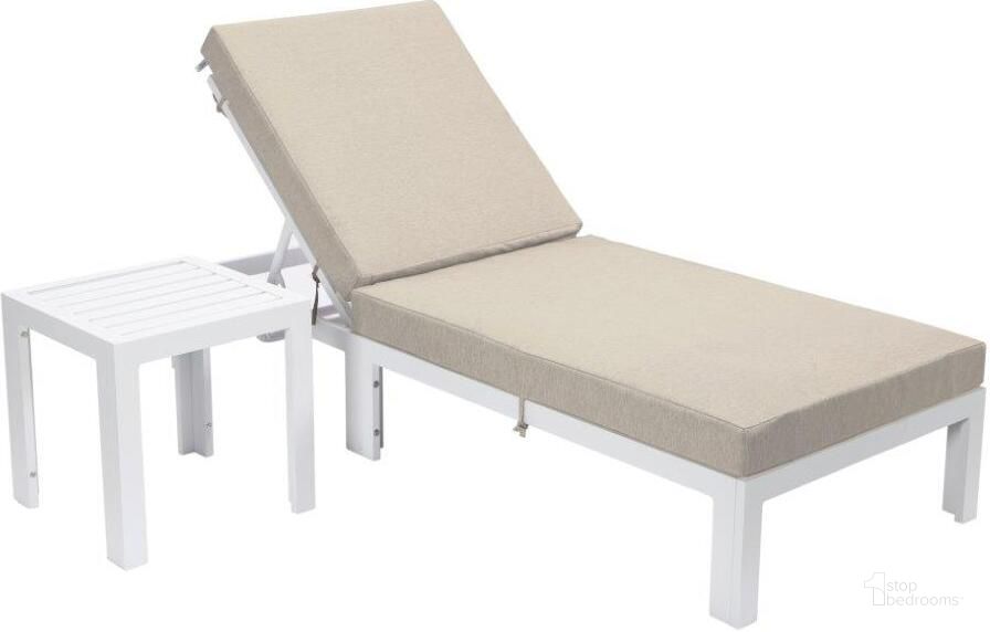 The appearance of Leisuremod Chelsea Modern Outdoor White Chaise Lounge Chair With Side Table And Cushions In Beige designed by LeisureMod in the modern / contemporary interior design. This beige piece of furniture  was selected by 1StopBedrooms from Chelsea Collection to add a touch of cosiness and style into your home. Sku: CLTW-77BG. Material: Aluminum. Product Type: Outdoor Chaise Lounge. Image1