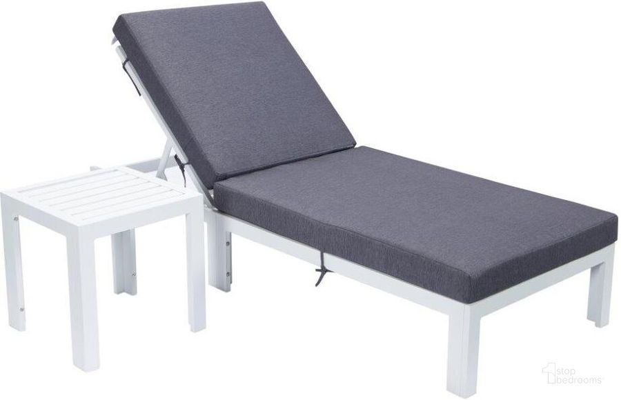 The appearance of Leisuremod Chelsea Modern Outdoor White Chaise Lounge Chair With Side Table And Cushions In Blue designed by LeisureMod in the modern / contemporary interior design. This blue piece of furniture  was selected by 1StopBedrooms from Chelsea Collection to add a touch of cosiness and style into your home. Sku: CLTW-77BU. Material: Aluminum. Product Type: Outdoor Chaise Lounge. Image1