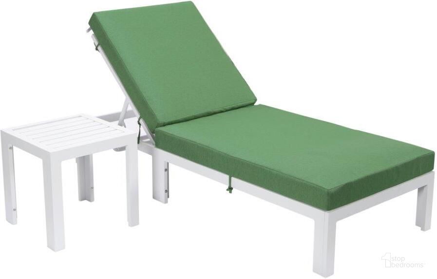 The appearance of Leisuremod Chelsea Modern Outdoor White Chaise Lounge Chair With Side Table And Cushions In Green designed by LeisureMod in the modern / contemporary interior design. This green piece of furniture  was selected by 1StopBedrooms from Chelsea Collection to add a touch of cosiness and style into your home. Sku: CLTW-77G. Material: Aluminum. Product Type: Outdoor Chaise Lounge. Image1