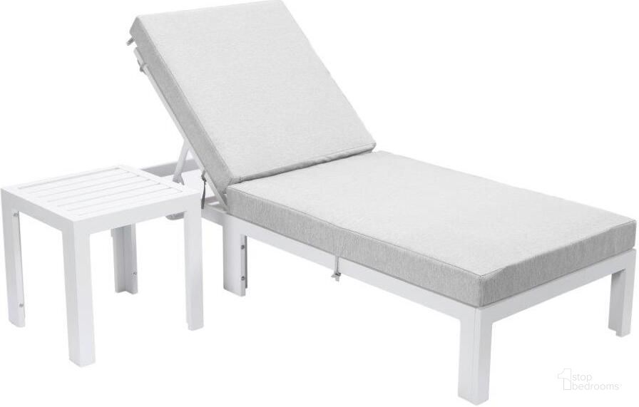 The appearance of Leisuremod Chelsea Modern Outdoor White Chaise Lounge Chair With Side Table And Cushions In Light Grey designed by LeisureMod in the modern / contemporary interior design. This light grey piece of furniture  was selected by 1StopBedrooms from Chelsea Collection to add a touch of cosiness and style into your home. Sku: CLTW-77LGR. Material: Aluminum. Product Type: Outdoor Chaise Lounge. Image1