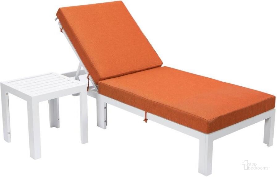 The appearance of Leisuremod Chelsea Modern Outdoor White Chaise Lounge Chair With Side Table And Cushions In Orange designed by LeisureMod in the modern / contemporary interior design. This orange piece of furniture  was selected by 1StopBedrooms from Chelsea Collection to add a touch of cosiness and style into your home. Sku: CLTW-77OR. Material: Aluminum. Product Type: Outdoor Chaise Lounge. Image1