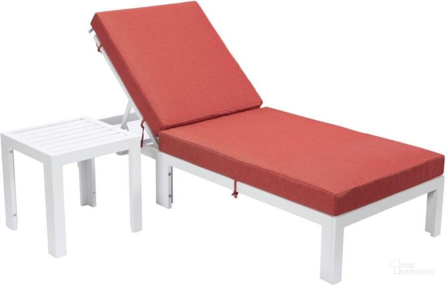 The appearance of Leisuremod Chelsea Modern Outdoor White Chaise Lounge Chair With Side Table And Cushions In Red designed by LeisureMod in the modern / contemporary interior design. This red piece of furniture  was selected by 1StopBedrooms from Chelsea Collection to add a touch of cosiness and style into your home. Sku: CLTW-77R. Material: Aluminum. Product Type: Outdoor Chaise Lounge. Image1