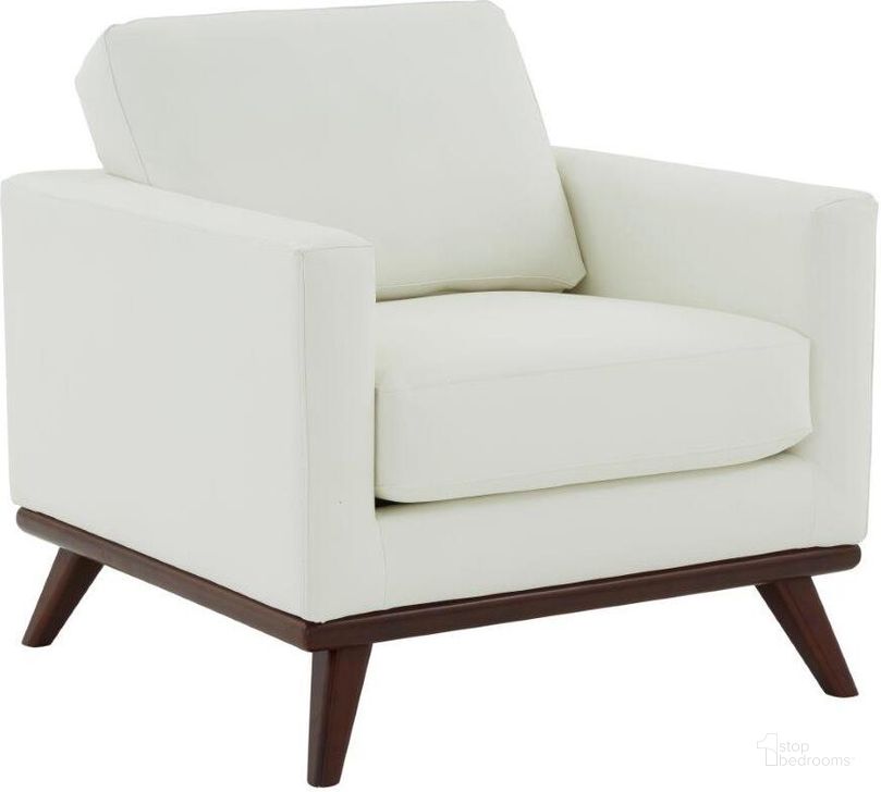The appearance of Leisuremod Chester Modern Leather Accent Arm Chair With Birch Wood Base In White designed by LeisureMod in the modern / contemporary interior design. This white piece of furniture  was selected by 1StopBedrooms from Chester Collection to add a touch of cosiness and style into your home. Sku: CS33W-L. Material: Faux Leather. Product Type: Accent Chair. Image1