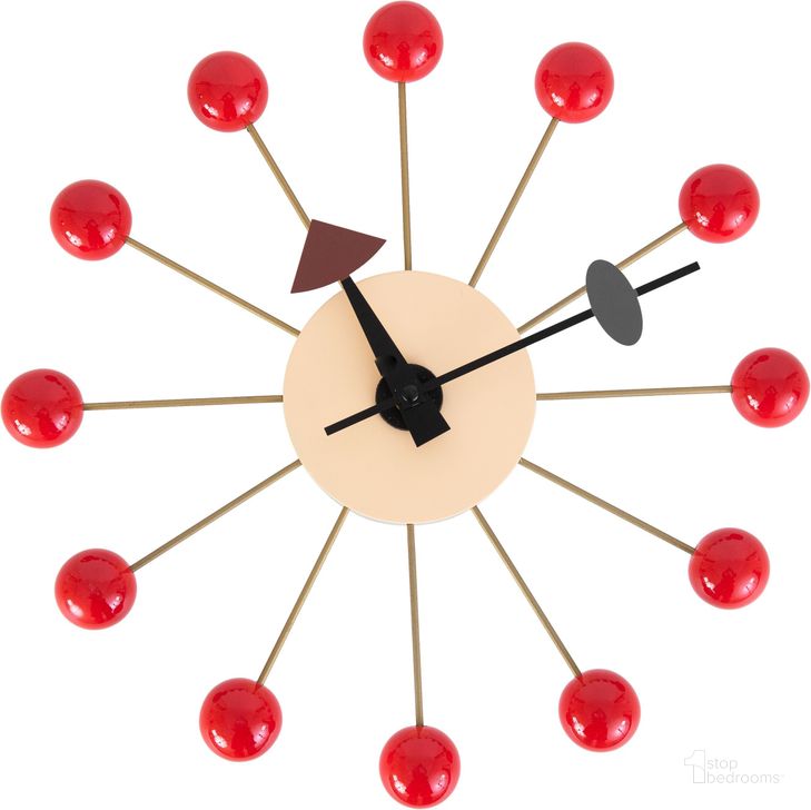 The appearance of Leisuremod Concordia Modern Design Round Balls Silent Non-Ticking Wall Clock VCL13R designed by LeisureMod in the modern / contemporary interior design. This red piece of furniture  was selected by 1StopBedrooms from Concordia Collection to add a touch of cosiness and style into your home. Sku: VCL13R. Material: MDF. Product Type: Wall Clock. Image1