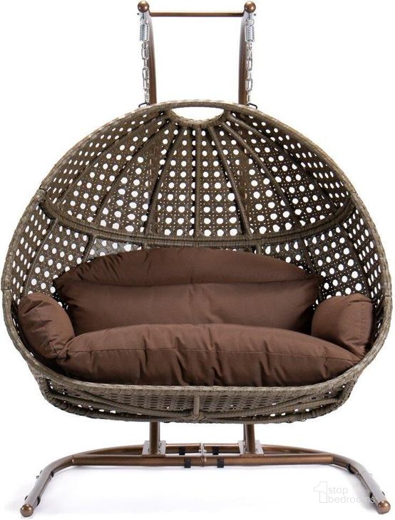 The appearance of LeisureMod Dark Brown Wicker Hanging Double Egg Swing Chair designed by LeisureMod in the modern / contemporary interior design. This dark brown piece of furniture  was selected by 1StopBedrooms from  to add a touch of cosiness and style into your home. Sku: EKDBG-57DBR. Product Type: Outdoor Chair. Material: Wicker. Image1