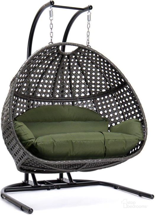 The appearance of LeisureMod Dark Green Wicker Hanging Double Egg Swing Chair designed by LeisureMod in the modern / contemporary interior design. This dark green piece of furniture  was selected by 1StopBedrooms from  to add a touch of cosiness and style into your home. Sku: EKDCH-57DG. Product Type: Outdoor Chair. Material: Wicker. Image1
