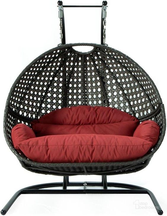 The appearance of LeisureMod Dark Red Wicker Hanging Double Egg Swing Chair designed by LeisureMod in the modern / contemporary interior design. This red piece of furniture  was selected by 1StopBedrooms from  to add a touch of cosiness and style into your home. Sku: EKDCH-57DR. Product Type: Outdoor Chair. Material: Wicker. Image1