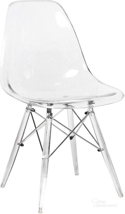 The appearance of LeisureMod Dover Clear Molded Side Chair with Acrylic Base designed by LeisureMod in the modern / contemporary interior design. This clear piece of furniture  was selected by 1StopBedrooms from Dover Collection to add a touch of cosiness and style into your home. Sku: EPC19CL. Product Type: Side Chair. Material: Plastic. Image1