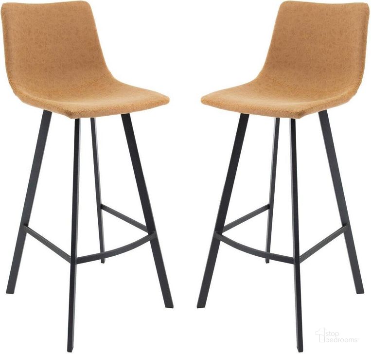 The appearance of Leisuremod Elland Modern Light Brown Upholstered Leather Bar Stool Set Of 2 With Iron Legs And Footrest designed by LeisureMod in the modern / contemporary interior design. This light brown piece of furniture  was selected by 1StopBedrooms from Elland Collection to add a touch of cosiness and style into your home. Sku: ES29BR2. Product Type: Barstool. Material: Iron. Image1