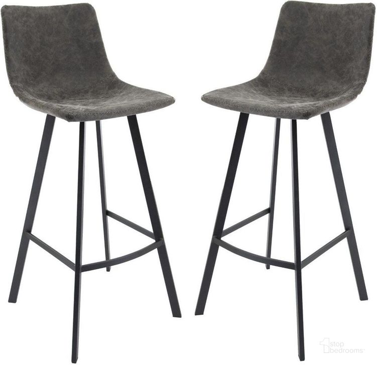 The appearance of Leisuremod Elland Modern Upholstered Leather Bar Stool Set Of 2 With Iron Legs And Footrest designed by LeisureMod in the modern / contemporary interior design. This grey piece of furniture  was selected by 1StopBedrooms from Elland Collection to add a touch of cosiness and style into your home. Sku: ES29GR2. Product Type: Barstool. Material: Iron. Image1