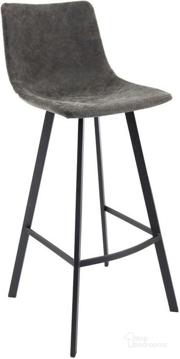 The appearance of Leisuremod Elland Modern Upholstered Leather Grey Bar Stool With Iron Legs And Footrest designed by LeisureMod in the modern / contemporary interior design. This grey piece of furniture  was selected by 1StopBedrooms from Elland Collection to add a touch of cosiness and style into your home. Sku: ES29GR. Material: Faux Leather. Product Type: Barstool. Image1