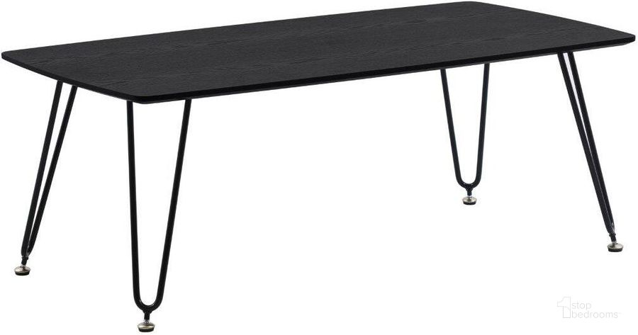 The appearance of Leisuremod Elmwood Modern Wood Top Coffee Table With Iron Base In Black designed by LeisureMod in the modern / contemporary interior design. This black piece of furniture  was selected by 1StopBedrooms from Elmwood Collection to add a touch of cosiness and style into your home. Sku: ET47BL. Product Type: Coffee Table. Material: MDF. Image1