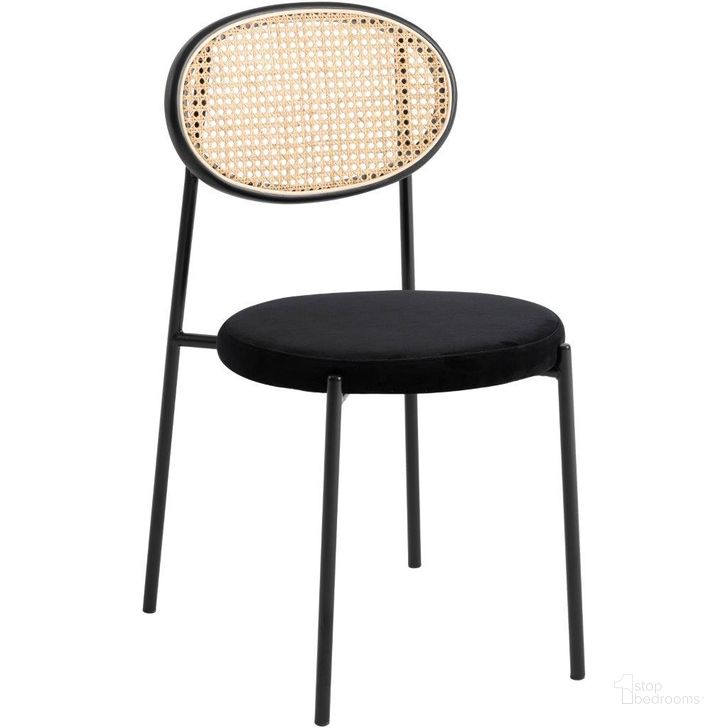 The appearance of Leisuremod Euston Modern Wicker Dining Chair With Velvet Round Seat In Black designed by LeisureMod in the modern / contemporary interior design. This black piece of furniture  was selected by 1StopBedrooms from Euston Collection to add a touch of cosiness and style into your home. Sku: EC17BL. Material: Steel. Product Type: Dining Chair. Image1