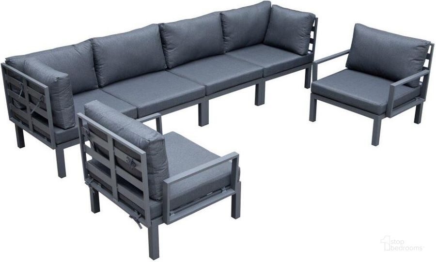 The appearance of Leisuremod Hamilton 6-Piece Aluminum Patio Conversation Set With Cushions In Black designed by LeisureMod in the modern / contemporary interior design. This black piece of furniture  was selected by 1StopBedrooms from Hamilton Collection to add a touch of cosiness and style into your home. Sku: HSBL-6BL. Material: Aluminum. Product Type: Outdoor Conversation Set. Image1