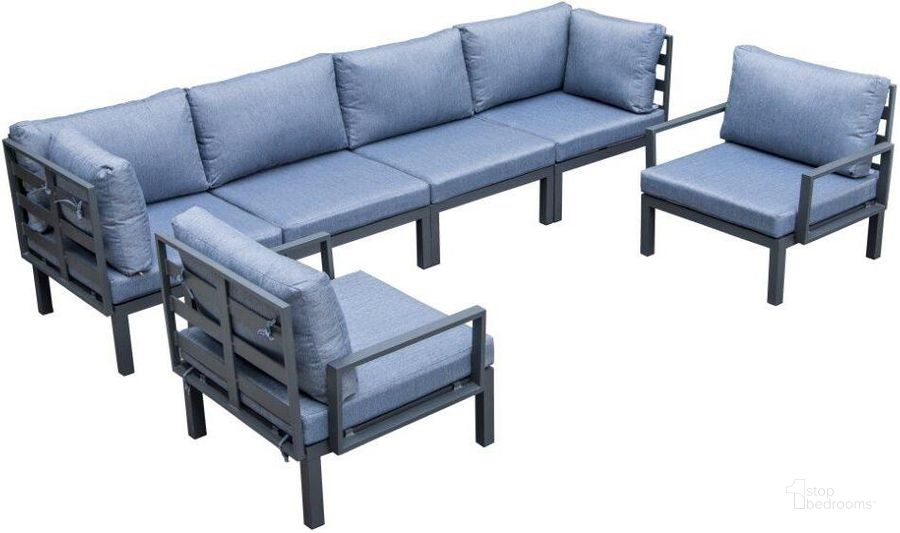 The appearance of Leisuremod Hamilton 6-Piece Aluminum Patio Conversation Set With Cushions In Blue designed by LeisureMod in the modern / contemporary interior design. This blue piece of furniture  was selected by 1StopBedrooms from Hamilton Collection to add a touch of cosiness and style into your home. Sku: HSBL-6BU. Material: Aluminum. Product Type: Outdoor Conversation Set. Image1