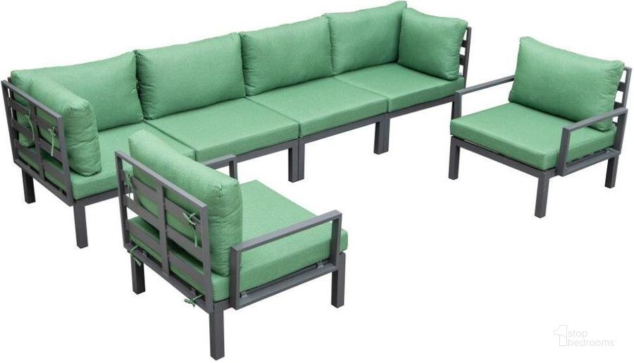 The appearance of Leisuremod Hamilton 6-Piece Aluminum Patio Conversation Set With Cushions In Green designed by LeisureMod in the modern / contemporary interior design. This green piece of furniture  was selected by 1StopBedrooms from Hamilton Collection to add a touch of cosiness and style into your home. Sku: HSBL-6G. Material: Aluminum. Product Type: Outdoor Conversation Set. Image1