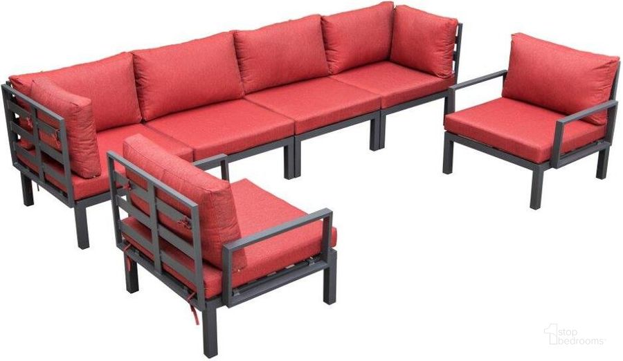 The appearance of Leisuremod Hamilton 6-Piece Aluminum Patio Conversation Set With Cushions In Red designed by LeisureMod in the modern / contemporary interior design. This red piece of furniture  was selected by 1StopBedrooms from Hamilton Collection to add a touch of cosiness and style into your home. Sku: HSBL-6R. Material: Aluminum. Product Type: Outdoor Conversation Set. Image1