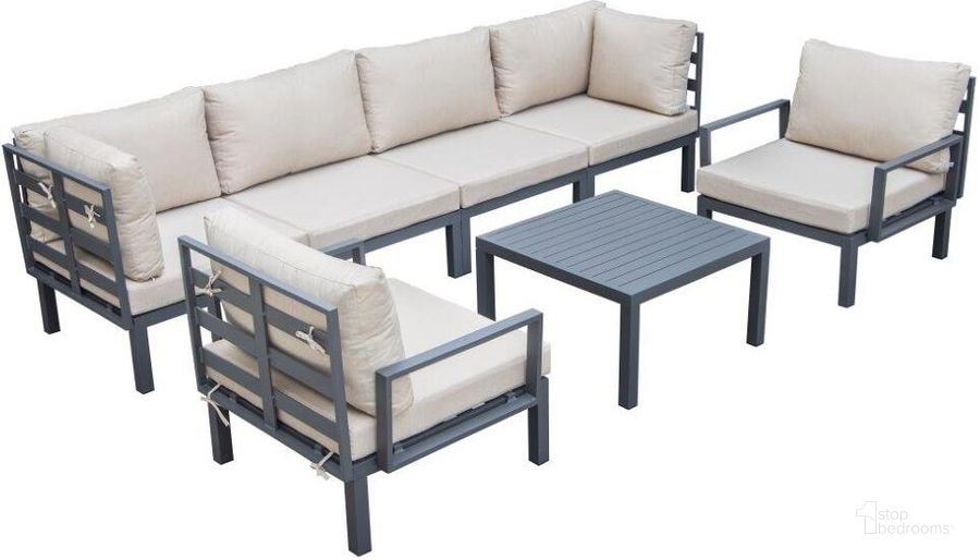The appearance of Leisuremod Hamilton 7-Piece Aluminum Patio Conversation Set With Coffee Table And Cushions In Beige designed by LeisureMod in the modern / contemporary interior design. This beige piece of furniture  was selected by 1StopBedrooms from Hamilton Collection to add a touch of cosiness and style into your home. Sku: HSTBL-7BG. Material: Aluminum. Product Type: Outdoor Conversation Set. Image1