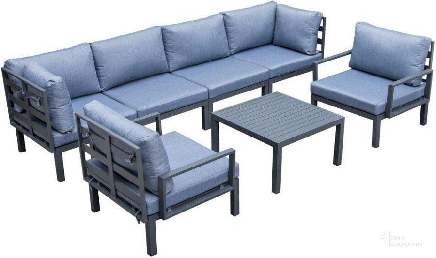 The appearance of Leisuremod Hamilton 7-Piece Aluminum Patio Conversation Set With Coffee Table And Cushions In Blue designed by LeisureMod in the modern / contemporary interior design. This blue piece of furniture  was selected by 1StopBedrooms from Hamilton Collection to add a touch of cosiness and style into your home. Sku: HSTBL-7BU. Material: Aluminum. Product Type: Outdoor Conversation Set. Image1