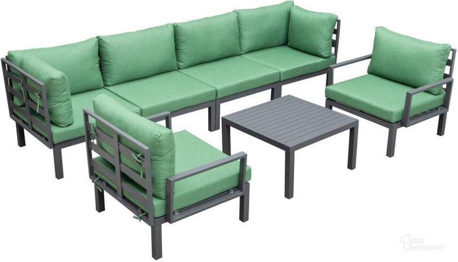 The appearance of Leisuremod Hamilton 7-Piece Aluminum Patio Conversation Set With Coffee Table And Cushions In Green designed by LeisureMod in the modern / contemporary interior design. This green piece of furniture  was selected by 1StopBedrooms from Hamilton Collection to add a touch of cosiness and style into your home. Sku: HSTBL-7G. Material: Aluminum. Product Type: Outdoor Conversation Set. Image1