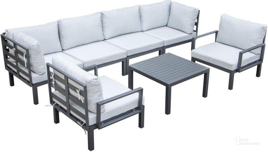 The appearance of Leisuremod Hamilton 7-Piece Aluminum Patio Conversation Set With Coffee Table And Cushions In Light Grey designed by LeisureMod in the modern / contemporary interior design. This light grey piece of furniture  was selected by 1StopBedrooms from Hamilton Collection to add a touch of cosiness and style into your home. Sku: HSTBL-7LGR. Material: Aluminum. Product Type: Outdoor Conversation Set. Image1