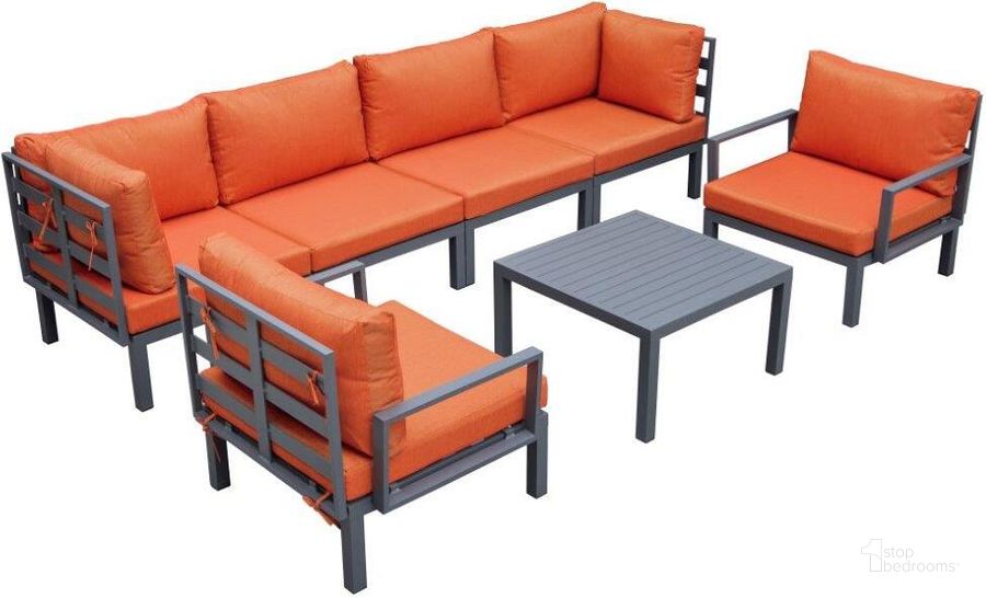The appearance of Leisuremod Hamilton 7-Piece Aluminum Patio Conversation Set With Coffee Table And Cushions In Orange designed by LeisureMod in the modern / contemporary interior design. This orange piece of furniture  was selected by 1StopBedrooms from Hamilton Collection to add a touch of cosiness and style into your home. Sku: HSTBL-7OR. Material: Aluminum. Product Type: Outdoor Conversation Set. Image1