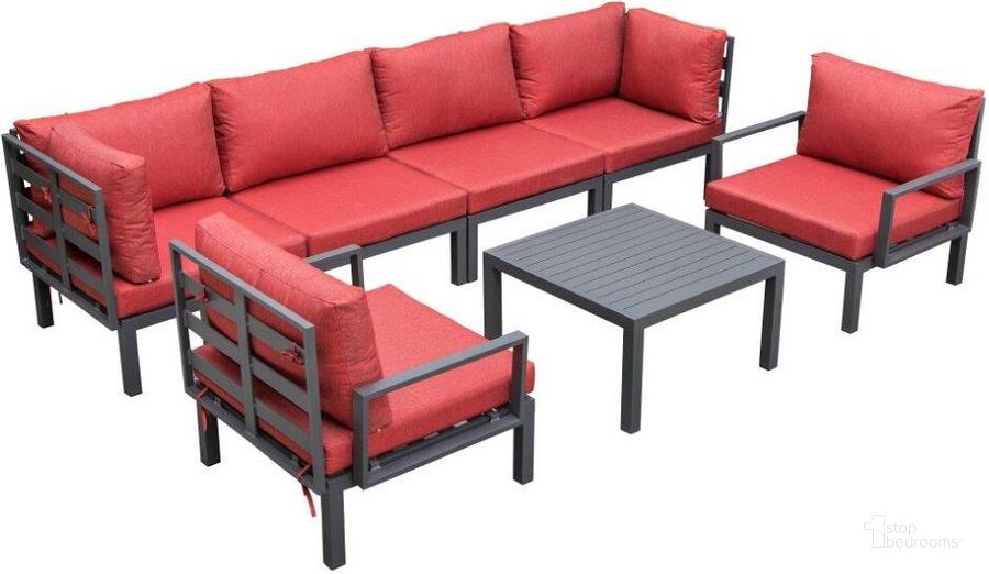 The appearance of Leisuremod Hamilton 7-Piece Aluminum Patio Conversation Set With Coffee Table And Cushions In Red designed by LeisureMod in the modern / contemporary interior design. This red piece of furniture  was selected by 1StopBedrooms from Hamilton Collection to add a touch of cosiness and style into your home. Sku: HSTBL-7R. Material: Aluminum. Product Type: Outdoor Conversation Set. Image1