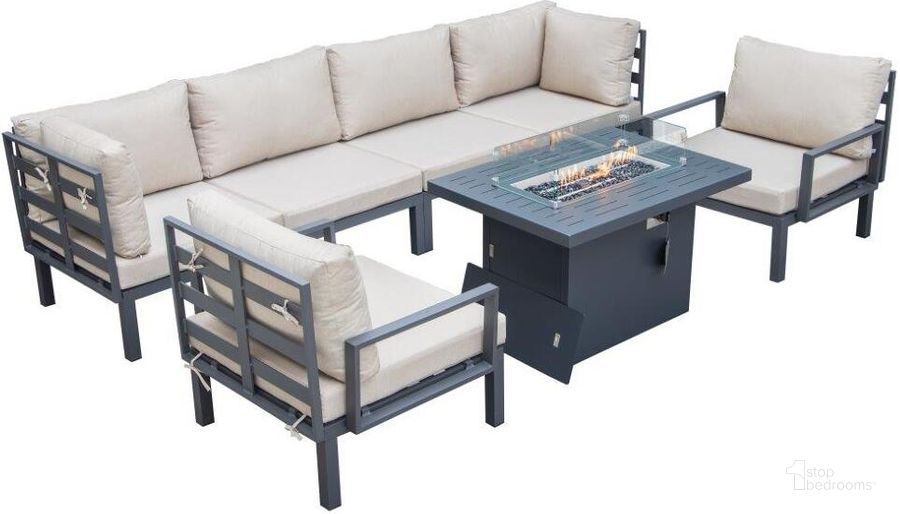The appearance of Leisuremod Hamilton 7-Piece Aluminum Patio Conversation Set With Fire Pit Table And Cushions In Beige designed by LeisureMod in the modern / contemporary interior design. This beige piece of furniture  was selected by 1StopBedrooms from Hamilton Collection to add a touch of cosiness and style into your home. Sku: HSFBL-7BG. Material: Aluminum. Product Type: Outdoor Conversation Set. Image1