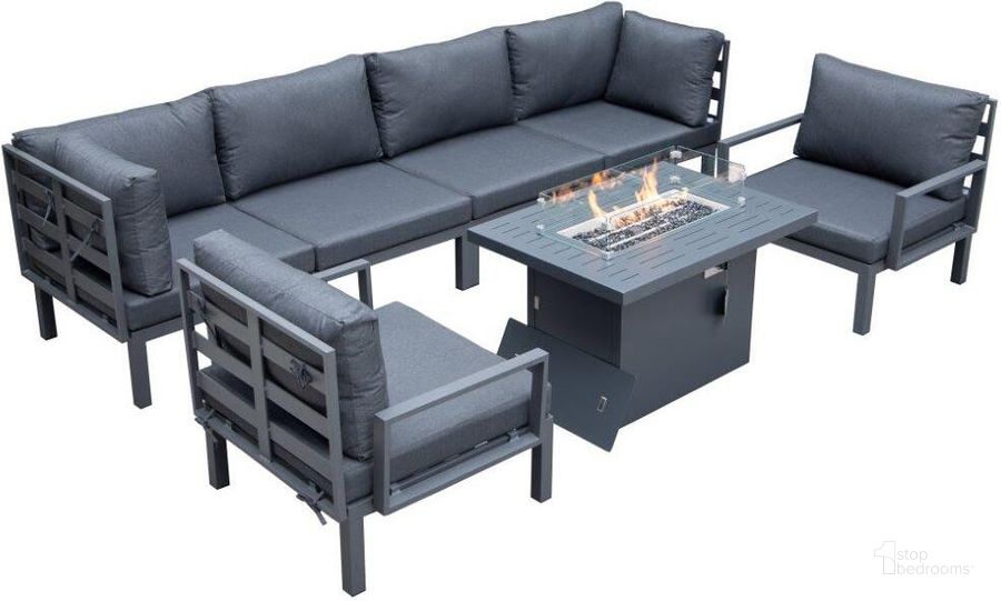 The appearance of Leisuremod Hamilton 7-Piece Aluminum Patio Conversation Set With Fire Pit Table And Cushions In Black designed by LeisureMod in the modern / contemporary interior design. This black piece of furniture  was selected by 1StopBedrooms from Hamilton Collection to add a touch of cosiness and style into your home. Sku: HSFBL-7BL. Material: Aluminum. Product Type: Outdoor Conversation Set. Image1