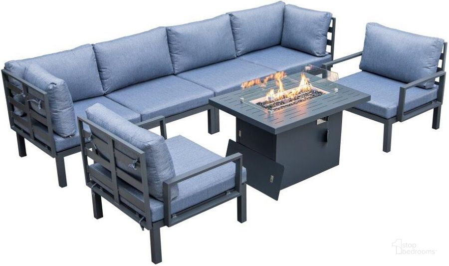 The appearance of Leisuremod Hamilton 7-Piece Aluminum Patio Conversation Set With Fire Pit Table And Cushions In Blue designed by LeisureMod in the modern / contemporary interior design. This blue piece of furniture  was selected by 1StopBedrooms from Hamilton Collection to add a touch of cosiness and style into your home. Sku: HSFBL-7BU. Material: Aluminum. Product Type: Outdoor Conversation Set. Image1
