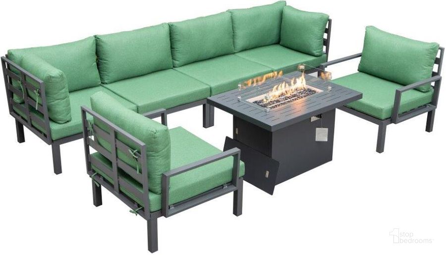 The appearance of Leisuremod Hamilton 7-Piece Aluminum Patio Conversation Set With Fire Pit Table And Cushions In Green designed by LeisureMod in the modern / contemporary interior design. This green piece of furniture  was selected by 1StopBedrooms from Hamilton Collection to add a touch of cosiness and style into your home. Sku: HSFBL-7G. Material: Aluminum. Product Type: Outdoor Conversation Set. Image1