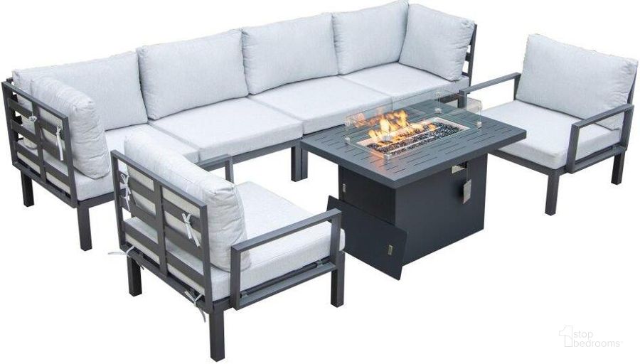 The appearance of Leisuremod Hamilton 7-Piece Aluminum Patio Conversation Set With Fire Pit Table And Cushions In Light Grey designed by LeisureMod in the modern / contemporary interior design. This light grey piece of furniture  was selected by 1StopBedrooms from Hamilton Collection to add a touch of cosiness and style into your home. Sku: HSFBL-7LGR. Material: Aluminum. Product Type: Outdoor Conversation Set. Image1