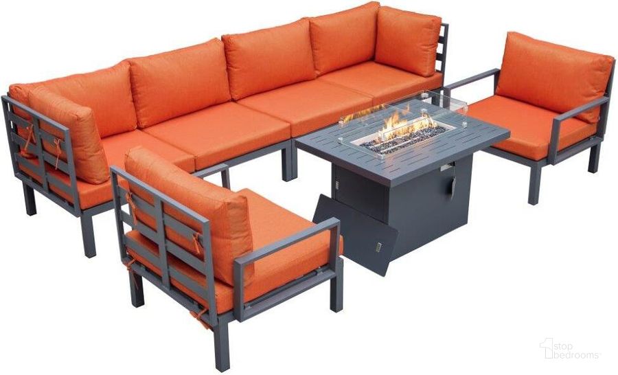 The appearance of Leisuremod Hamilton 7-Piece Aluminum Patio Conversation Set With Fire Pit Table And Cushions In Orange designed by LeisureMod in the modern / contemporary interior design. This orange piece of furniture  was selected by 1StopBedrooms from Hamilton Collection to add a touch of cosiness and style into your home. Sku: HSFBL-7OR. Material: Aluminum. Product Type: Outdoor Conversation Set. Image1