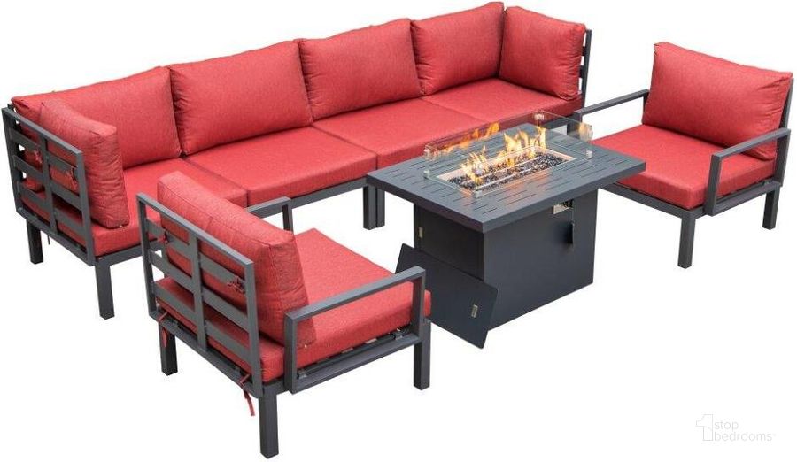 The appearance of Leisuremod Hamilton 7-Piece Aluminum Patio Conversation Set With Fire Pit Table And Cushions In Red designed by LeisureMod in the modern / contemporary interior design. This red piece of furniture  was selected by 1StopBedrooms from Hamilton Collection to add a touch of cosiness and style into your home. Sku: HSFBL-7R. Material: Aluminum. Product Type: Outdoor Conversation Set. Image1