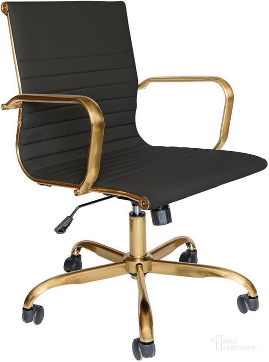 The appearance of LeisureMod Harris Black Leatherette Gold Frame Office Chair designed by LeisureMod in the modern / contemporary interior design. This black piece of furniture  was selected by 1StopBedrooms from Harris Collection to add a touch of cosiness and style into your home. Sku: HOG19BLL. Material: Leather. Product Type: Office Chair. Image1