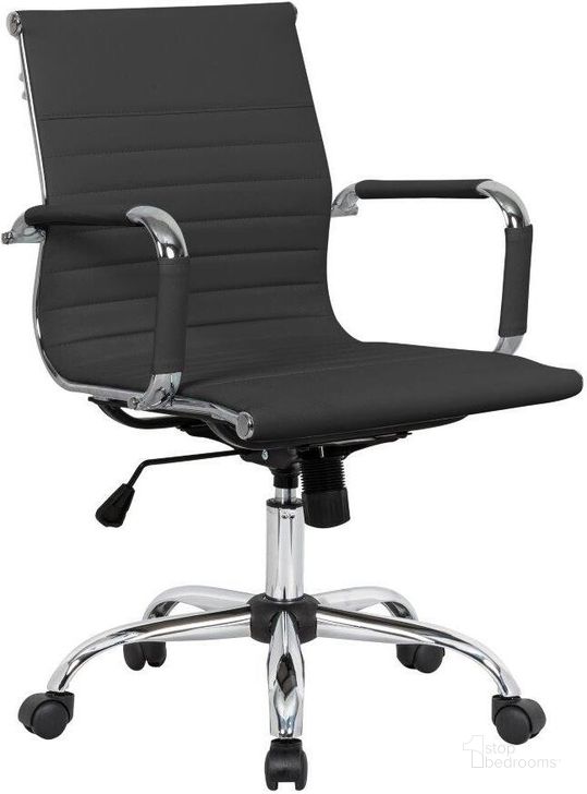 The appearance of LeisureMod Harris Black Leatherette Office Chair designed by LeisureMod in the modern / contemporary interior design. This black piece of furniture  was selected by 1StopBedrooms from Harris Collection to add a touch of cosiness and style into your home. Sku: HO19BLL. Material: Leather. Product Type: Office Chair. Image1