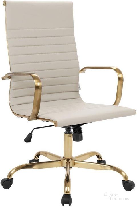 The appearance of Leisuremod Harris High-Back Leatherette Office Chair With Gold Frame HOTG19TL designed by LeisureMod in the modern / contemporary interior design. This tan piece of furniture  was selected by 1StopBedrooms from Harris Collection to add a touch of cosiness and style into your home. Sku: HOTG19TL. Material: Leather. Product Type: Office Chair. Image1