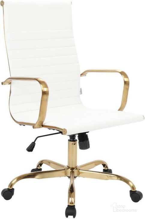 The appearance of Leisuremod Harris High-Back Leatherette Office Chair With Gold Frame HOTG19WL designed by LeisureMod in the modern / contemporary interior design. This white piece of furniture  was selected by 1StopBedrooms from Harris Collection to add a touch of cosiness and style into your home. Sku: HOTG19WL. Material: Leather. Product Type: Office Chair. Image1