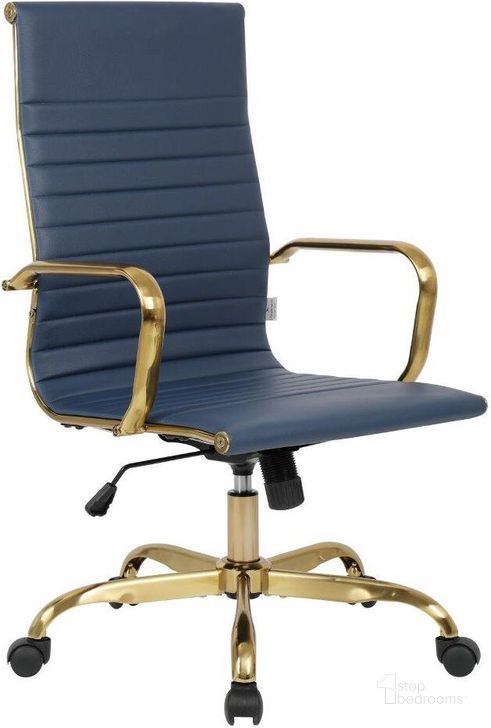 The appearance of Leisuremod Harris High-Back Leatherette Office Chair With Gold Frame designed by LeisureMod in the modern / contemporary interior design. This navy blue piece of furniture  was selected by 1StopBedrooms from Harris Collection to add a touch of cosiness and style into your home. Sku: HOTG19BUL. Material: Faux Leather. Product Type: Office Chair. Image1