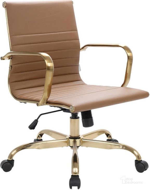 The appearance of LeisureMod Harris Leatherette Office Chair With Gold Frame designed by LeisureMod in the modern / contemporary interior design. This light brown piece of furniture  was selected by 1StopBedrooms from Harris Collection to add a touch of cosiness and style into your home. Sku: HOG19LBRL. Material: Leather. Product Type: Office Chair. Image1