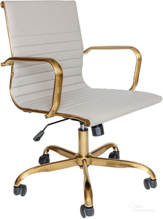 The appearance of LeisureMod Harris Tan Leatherette Gold Frame Office Chair designed by LeisureMod in the modern / contemporary interior design. This tan piece of furniture  was selected by 1StopBedrooms from Harris Collection to add a touch of cosiness and style into your home. Sku: HOG19TL. Material: Leather. Product Type: Office Chair. Image1