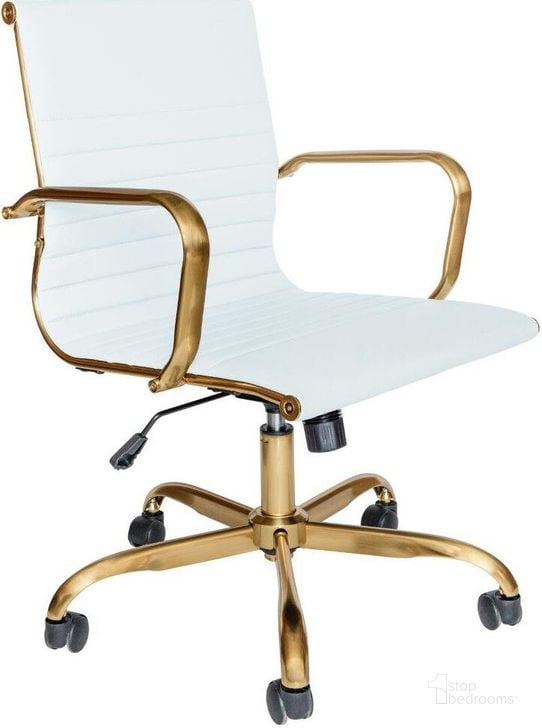 The appearance of LeisureMod Harris White Leatherette Gold Frame Office Chair designed by LeisureMod in the modern / contemporary interior design. This white piece of furniture  was selected by 1StopBedrooms from Harris Collection to add a touch of cosiness and style into your home. Sku: HOG19WL. Material: Leather. Product Type: Office Chair. Image1
