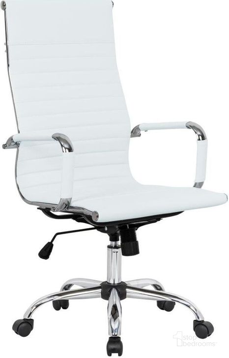The appearance of LeisureMod Harris White Leatherette High Back Office Chair designed by LeisureMod in the modern / contemporary interior design. This white piece of furniture  was selected by 1StopBedrooms from Harris Collection to add a touch of cosiness and style into your home. Sku: HOT19WL. Material: Leather. Product Type: Office Chair. Image1