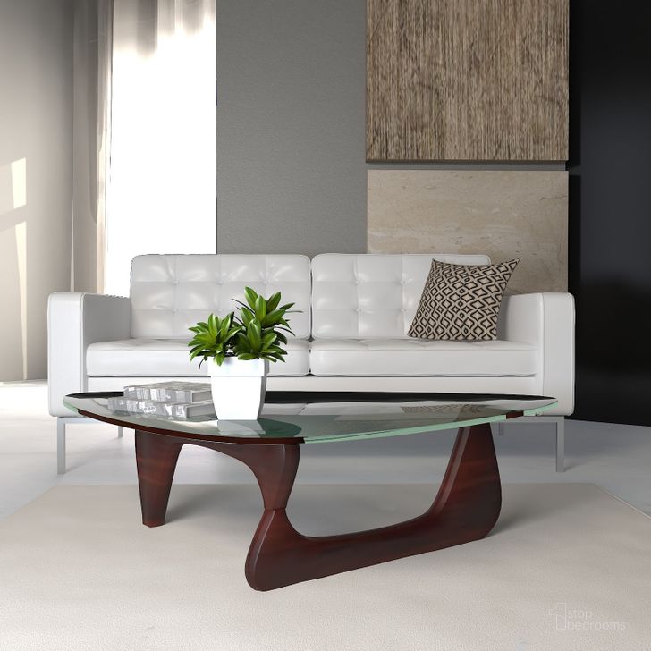 The appearance of LeisureMod Imperial Cherry Triangle Coffee Table designed by LeisureMod in the modern / contemporary interior design. This cherry piece of furniture  was selected by 1StopBedrooms from Imperial Collection to add a touch of cosiness and style into your home. Sku: NG52CH. Material: Glass. Product Type: Coffee Table. Image1