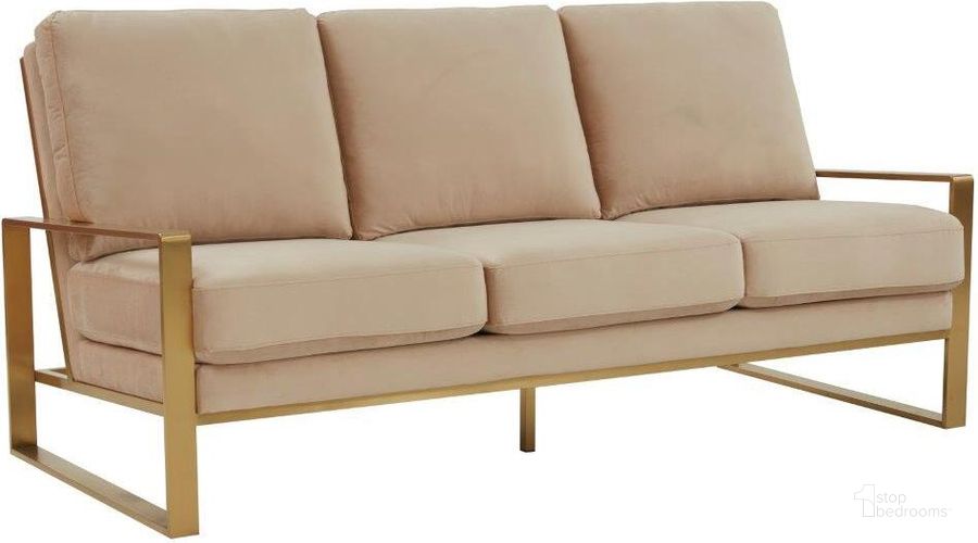 The appearance of Leisuremod Jefferson Contemporary Modern Design Velvet Sofa With Gold Frame In Beige designed by LeisureMod in the modern / contemporary interior design. This beige piece of furniture  was selected by 1StopBedrooms from Jefferson Collection to add a touch of cosiness and style into your home. Sku: JAG77BG. Product Type: Sofa. Material: Stainless Steel. Image1