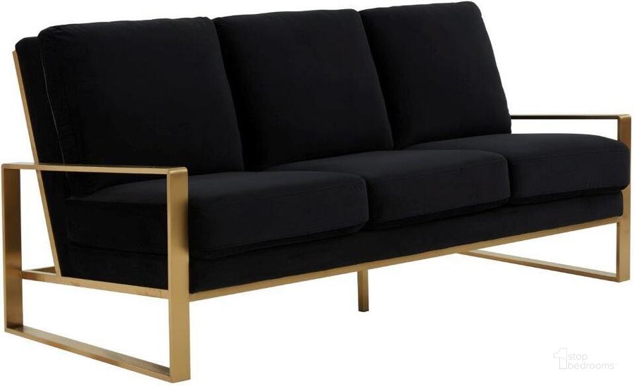 The appearance of Leisuremod Jefferson Contemporary Modern Design Velvet Sofa With Gold Frame In Black designed by LeisureMod in the modern / contemporary interior design. This black piece of furniture  was selected by 1StopBedrooms from Jefferson Collection to add a touch of cosiness and style into your home. Sku: JAG77BL. Product Type: Sofa. Material: Stainless Steel. Image1