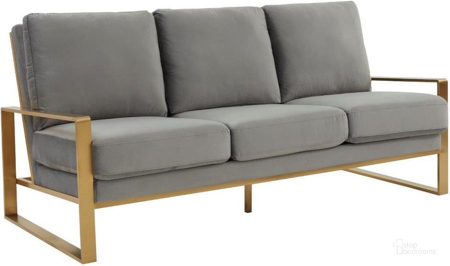 The appearance of Leisuremod Jefferson Contemporary Modern Design Velvet Sofa With Gold Frame In Light Grey designed by LeisureMod in the modern / contemporary interior design. This light grey piece of furniture  was selected by 1StopBedrooms from Jefferson Collection to add a touch of cosiness and style into your home. Sku: JAG77LGR. Product Type: Sofa. Material: Stainless Steel. Image1